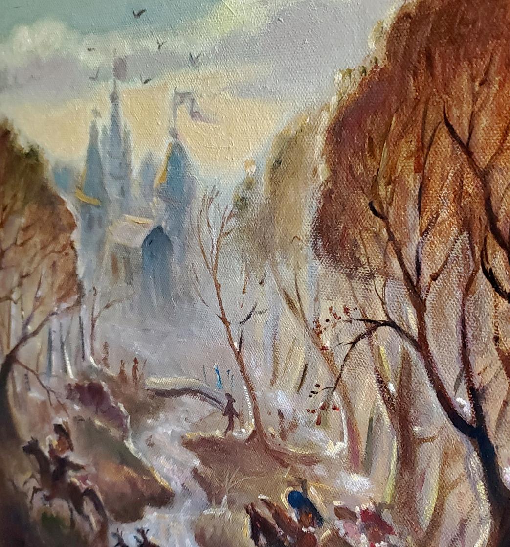 Oil painting Spring hunting by Litvinov Daniil Olegovich: snow-capped castle in autumn trees