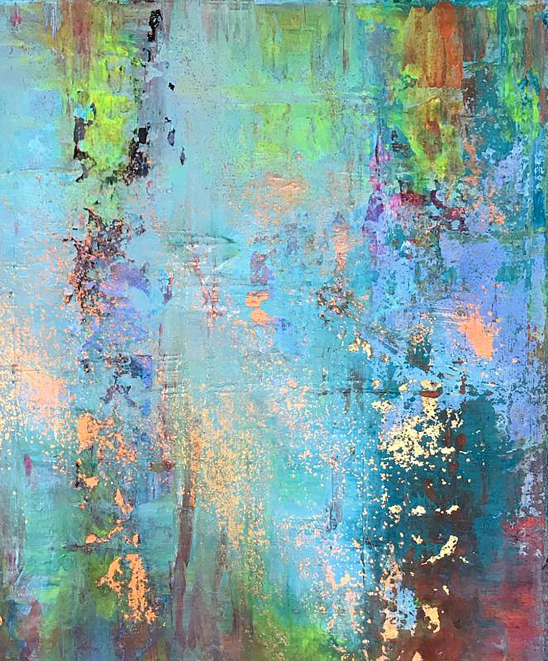 Abstract Blooming Field acrylic painting by Melezhik Olga in teal, green, blue, gold