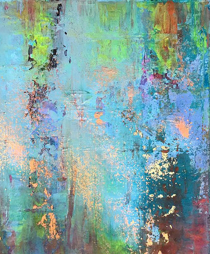 Abstract Blooming Field acrylic painting by Melezhik Olga in teal, green, blue, gold