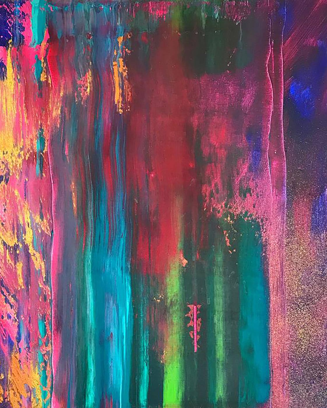 Vibrant abstract acrylic painting Pursuit by Melezhik Olga with bold red teal magenta streaks