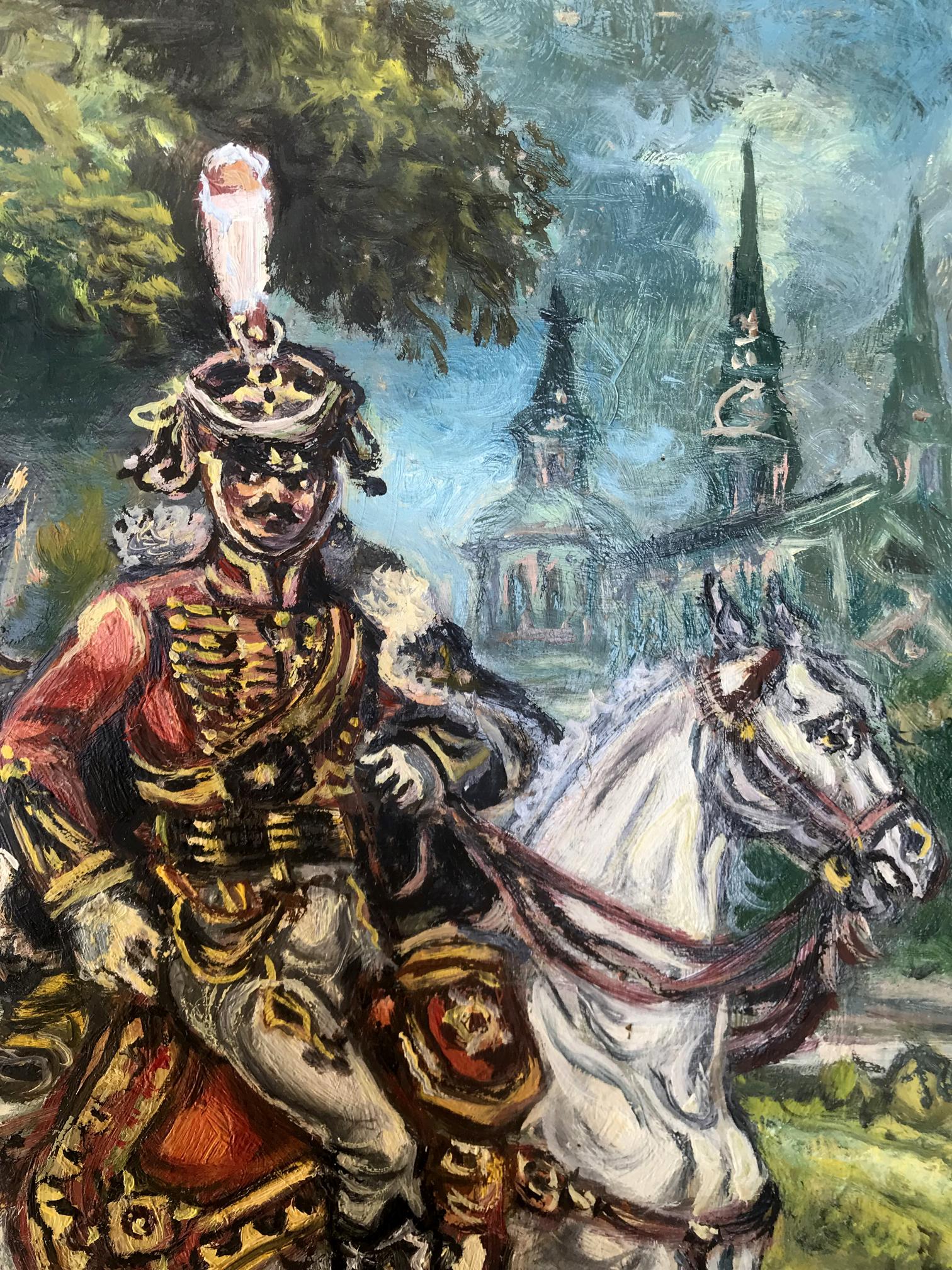 Oil painting portrait of Alexander Arkadievich Litvinov, mounted officer in ornate red uniform on white horse