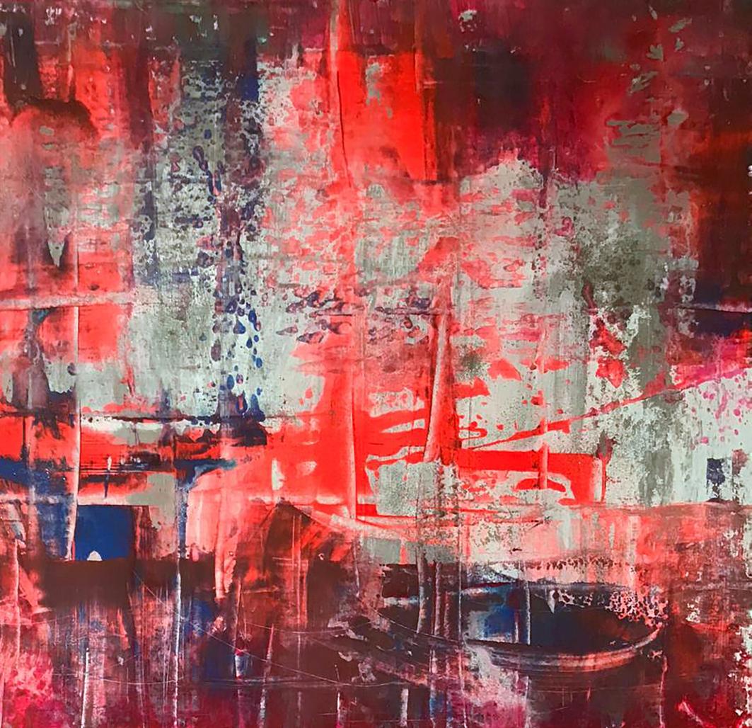 Acrylic painting Berth Melezhik Olga with bold red gray blue textured brushstrokes