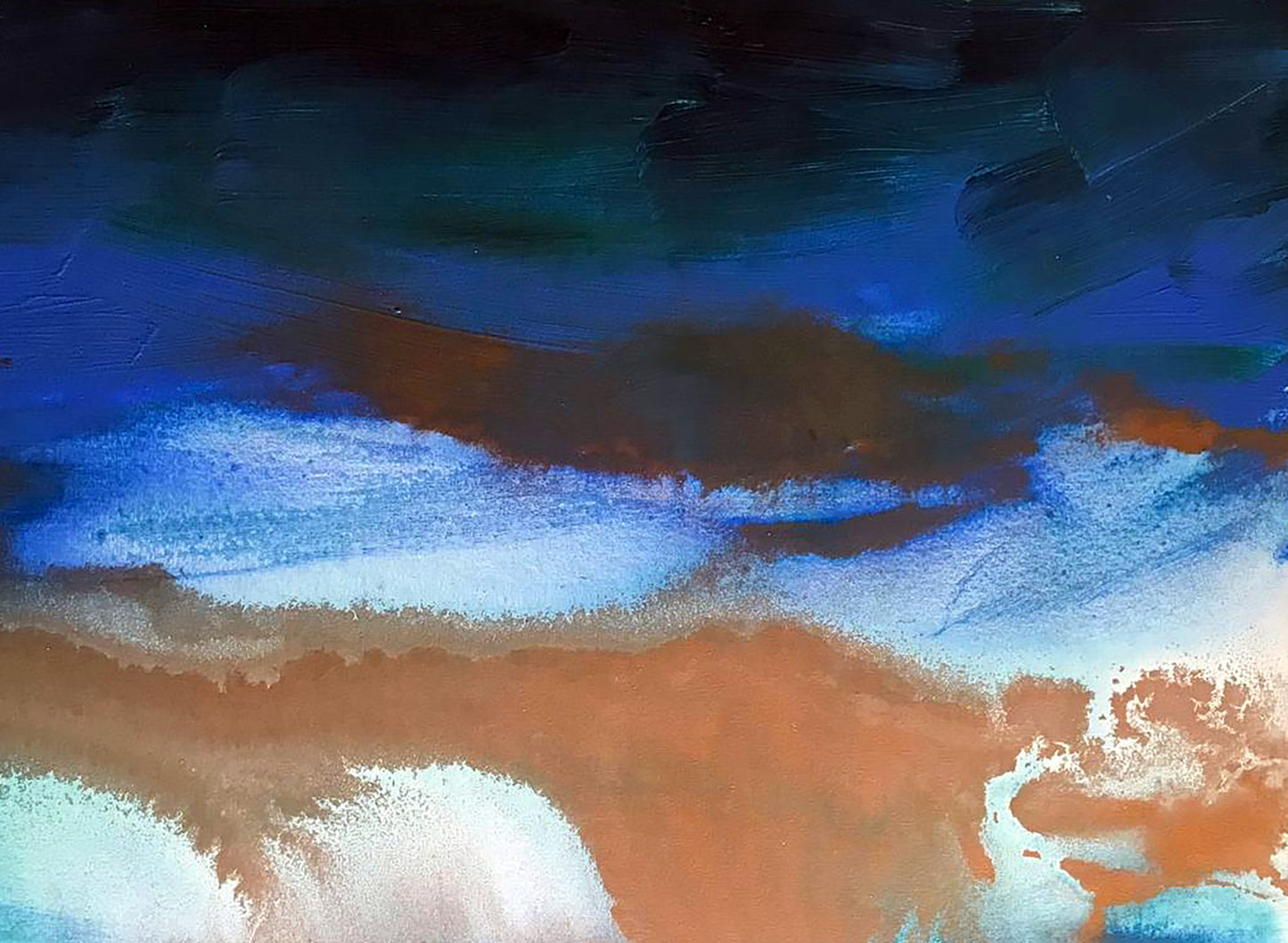 Abstract Galaxy Melezhik Olga acrylic painting with bold blue, teal, orange, white strokes