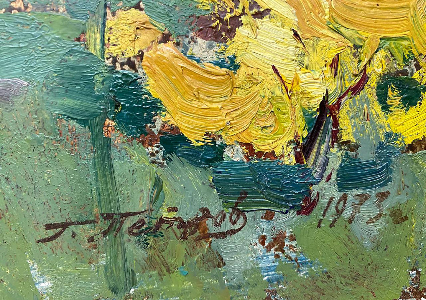Vibrant yellow sunflowers in impasto oil by Georgy Petrovich, urban autumn