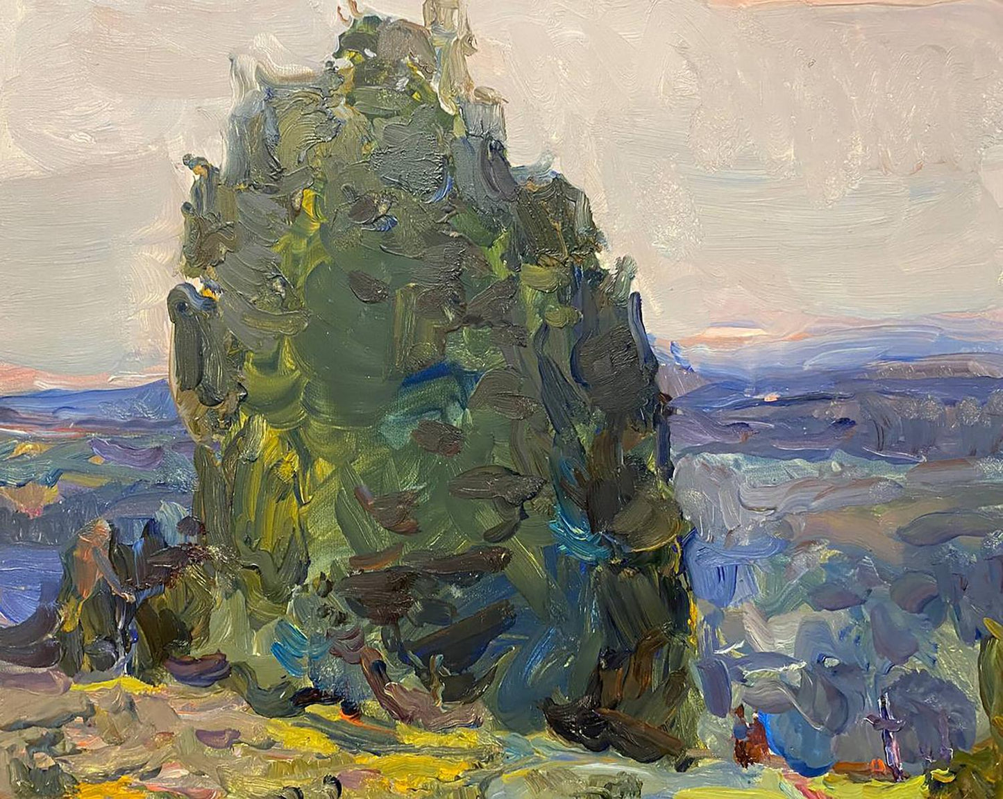 Oil painting On a hill by Chernov Leonid Ivanovich textured green gray rock formation