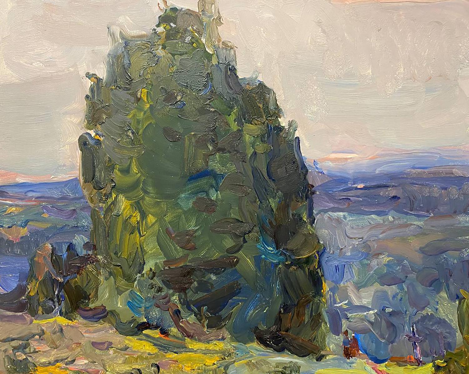 Oil painting On a hill by Chernov Leonid Ivanovich textured green gray rock formation