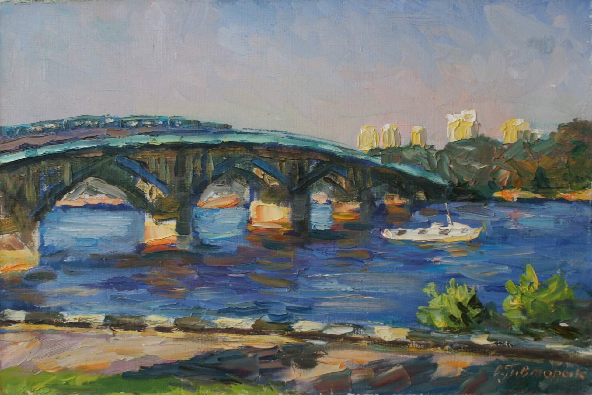 Impressionist oil painting of city center bridge by Sergiy Pivtorak