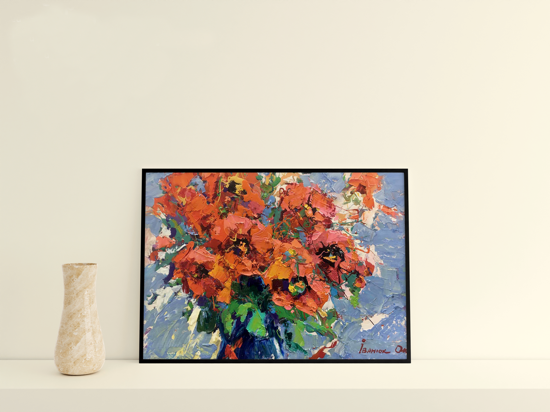 Oil painting Poppies in the morning by Ivanyuk Oksana in black frame