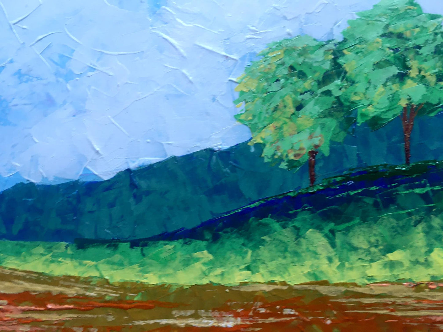 Oil painting Autumn morning in the field by V. Zadorozhnya, vibrant green trees and hills