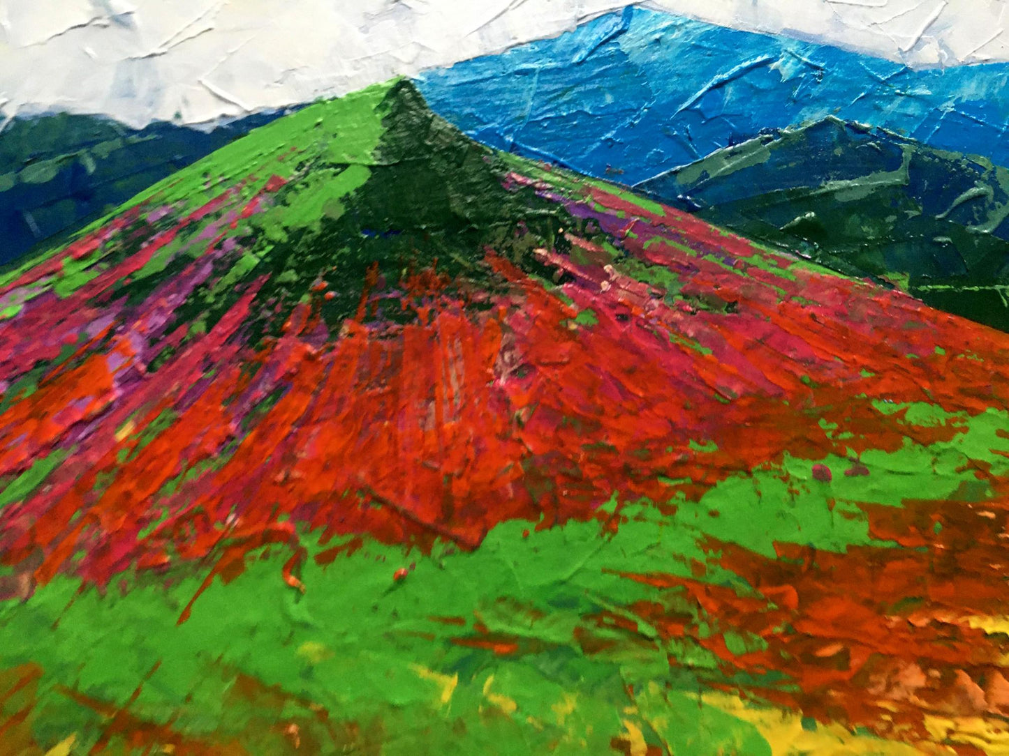 Oil painting Big mountain peak V. Zadorozhnya vibrant reds greens textured slopes