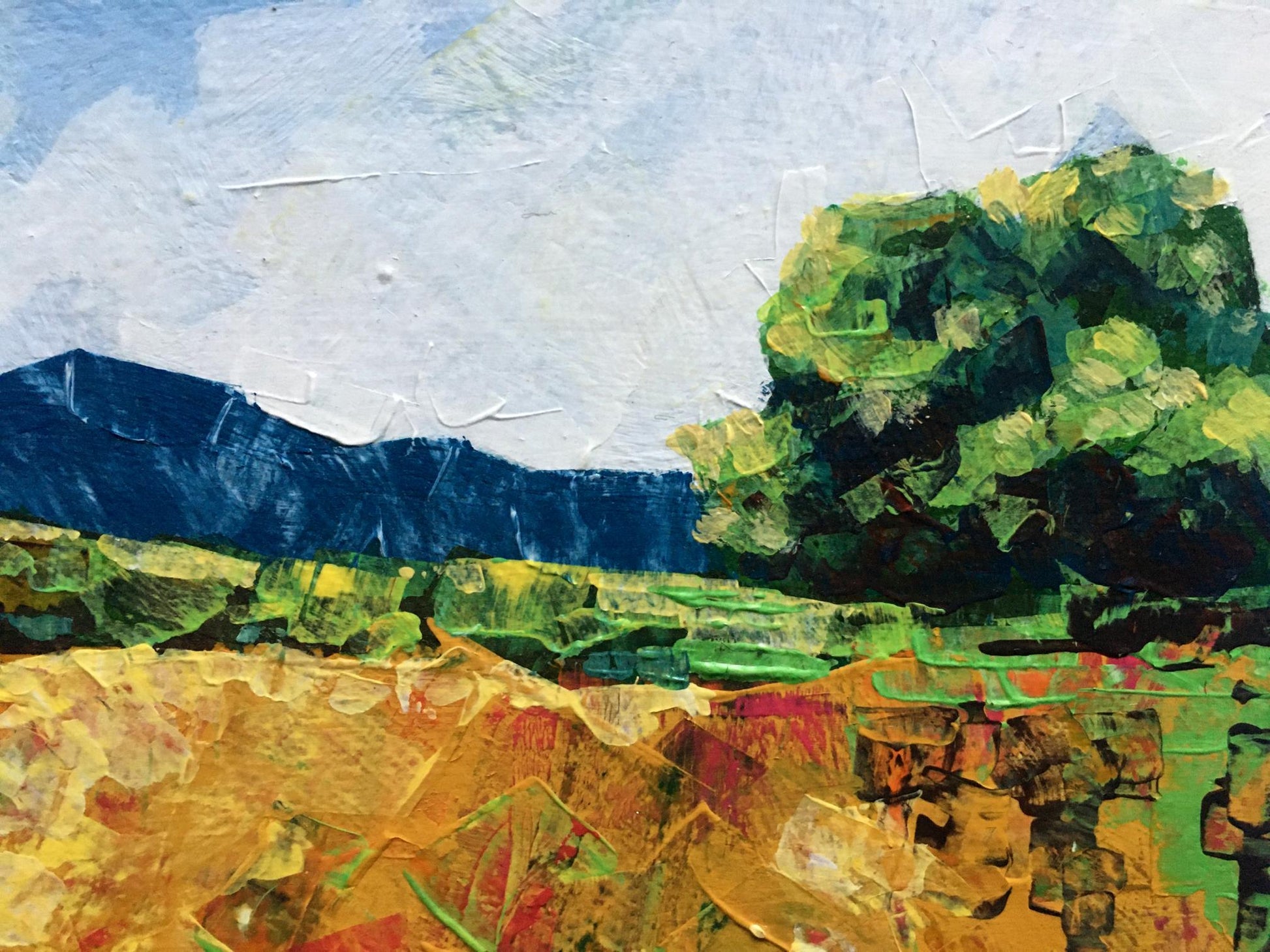 Oil painting Summer day by Zadorozhnya V.V. with green foliage and blue mountains