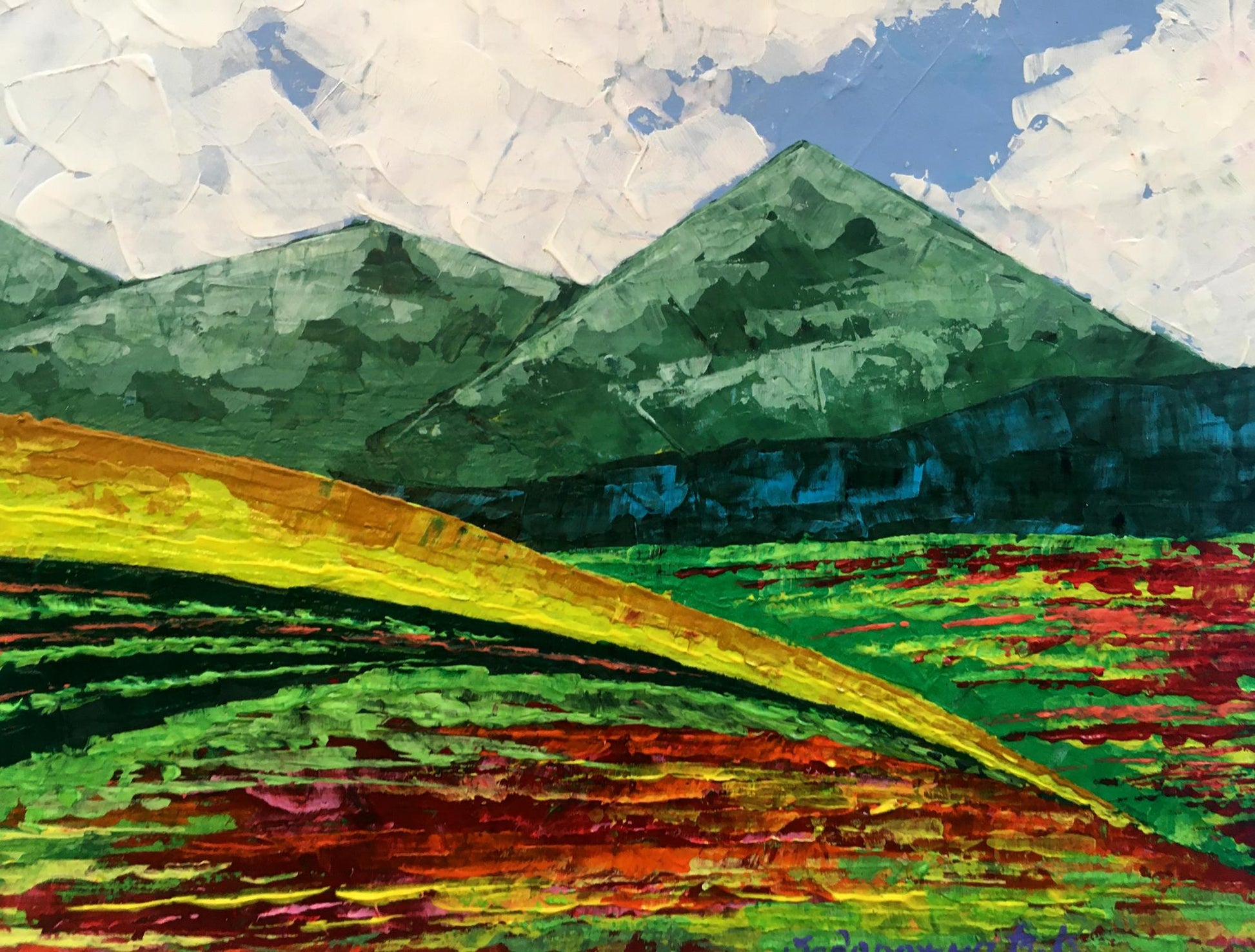 Oil painting Summer in the mountains by Zadorozhnya V. V. vibrant green peaks