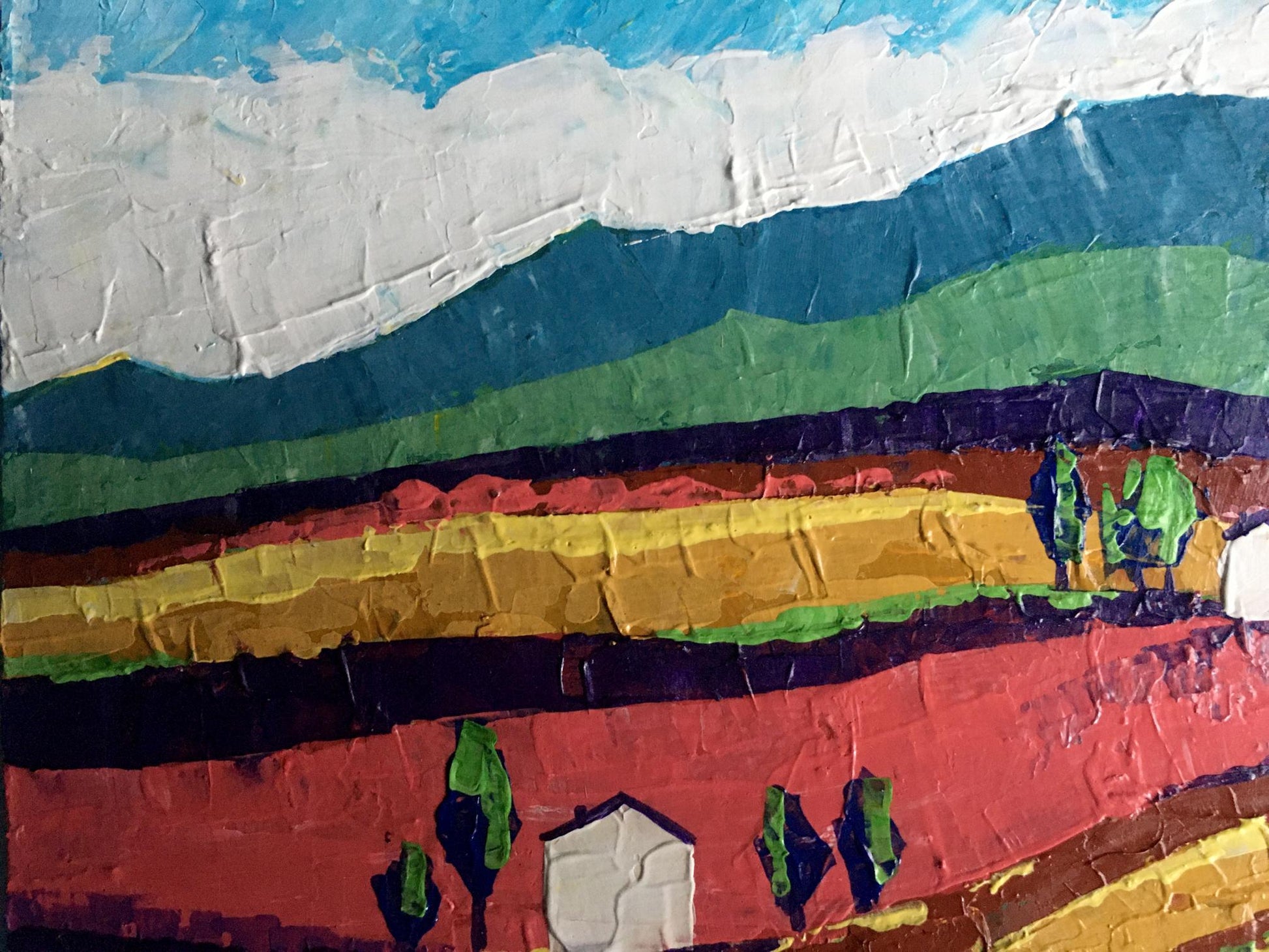 Oil painting of colorful fields on sunny day by V. Zadorozhnya