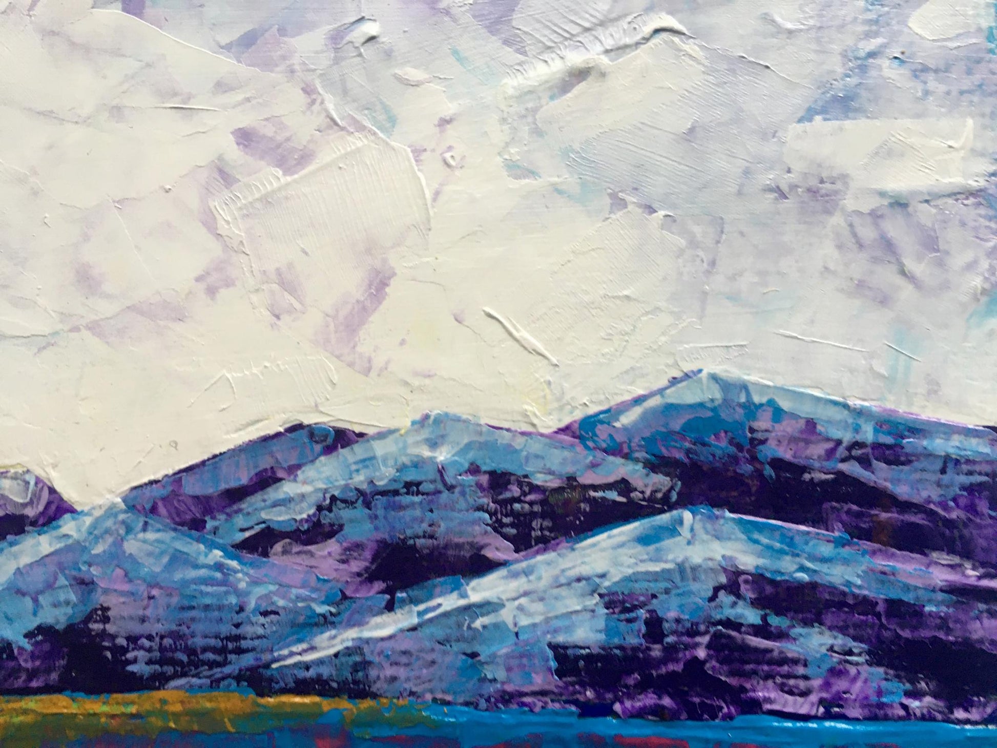 Oil painting Cloudy day in the mountains by V. Zadorozhnya, textured blue-purple peaks