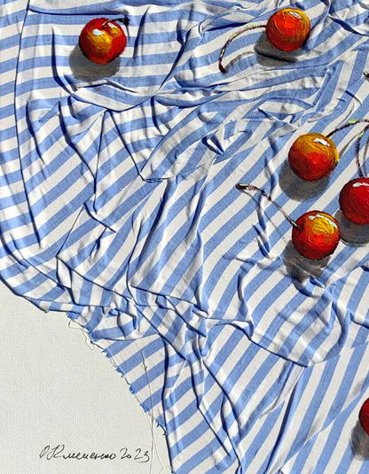 Acrylic painting of red yellow cherries on blue white striped fabric by Elena Klimenko