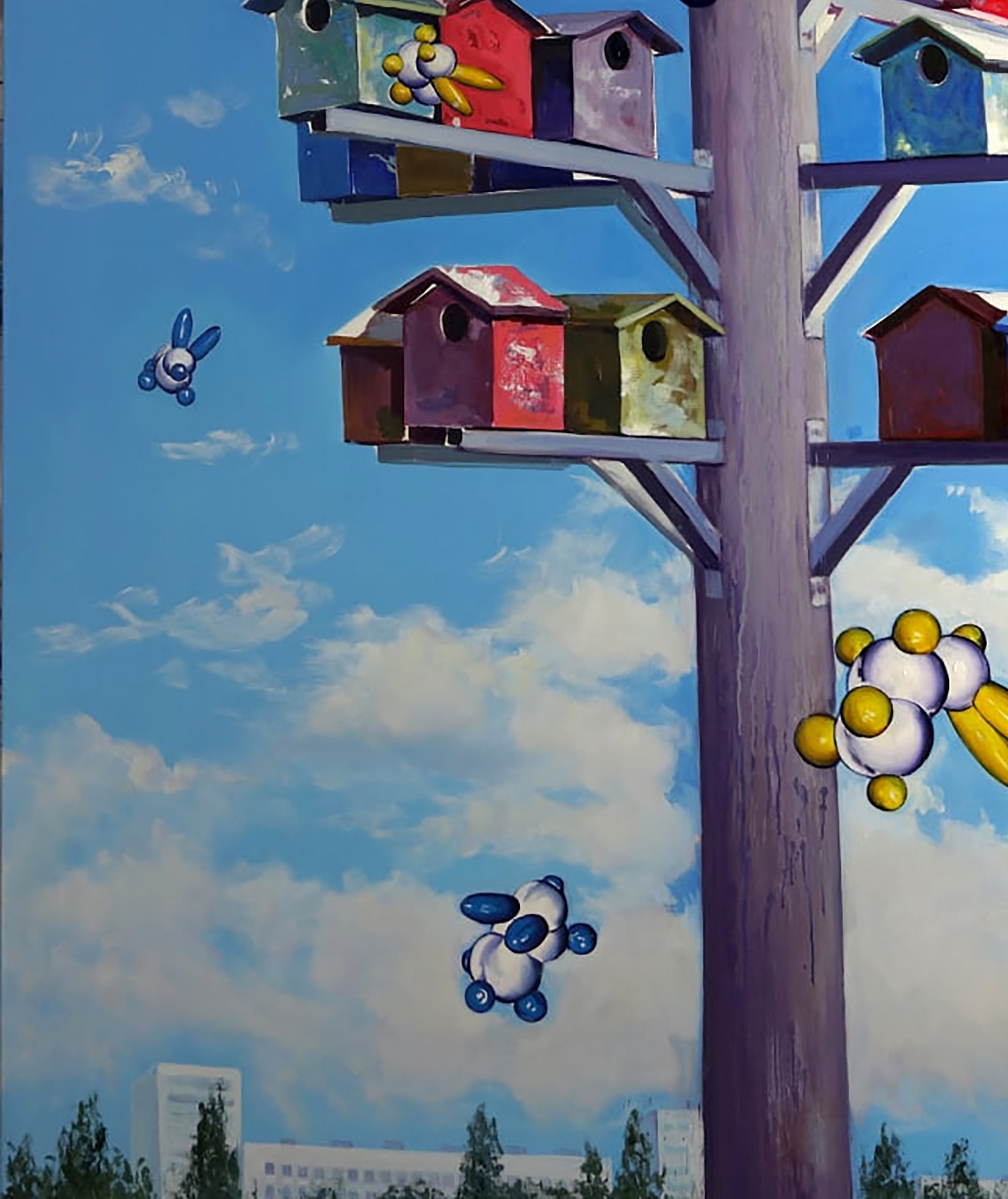 Oil painting Sacred station Igor Konovalov: vibrant mural of birdhouses on pole