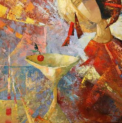 Vibrant abstract oil painting Cup of goodness Kirilenko Ivan with golden martini glass and red cherry