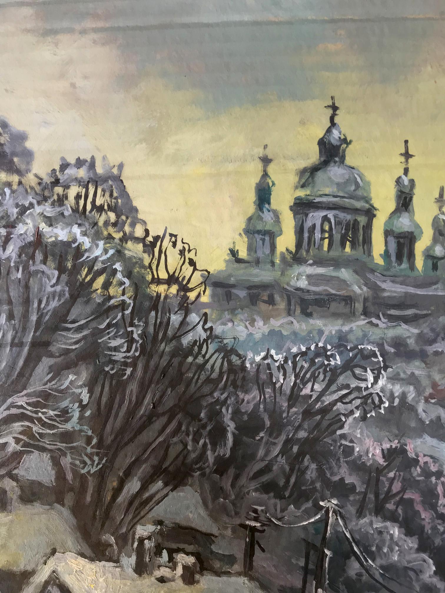 Oil painting by Alexander Litvinov: snowy trees, domed church in winter scene