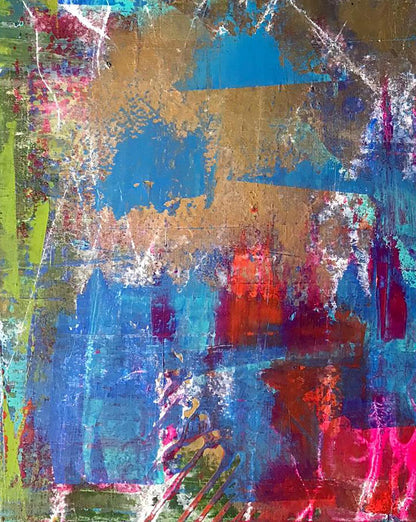 Vibrant abstract acrylic painting Start Melezhik Olga with blue red gold strokes