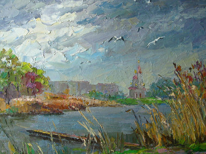Oil painting Gulls over the river by Serdyuk Boris Petrovich, textured scene