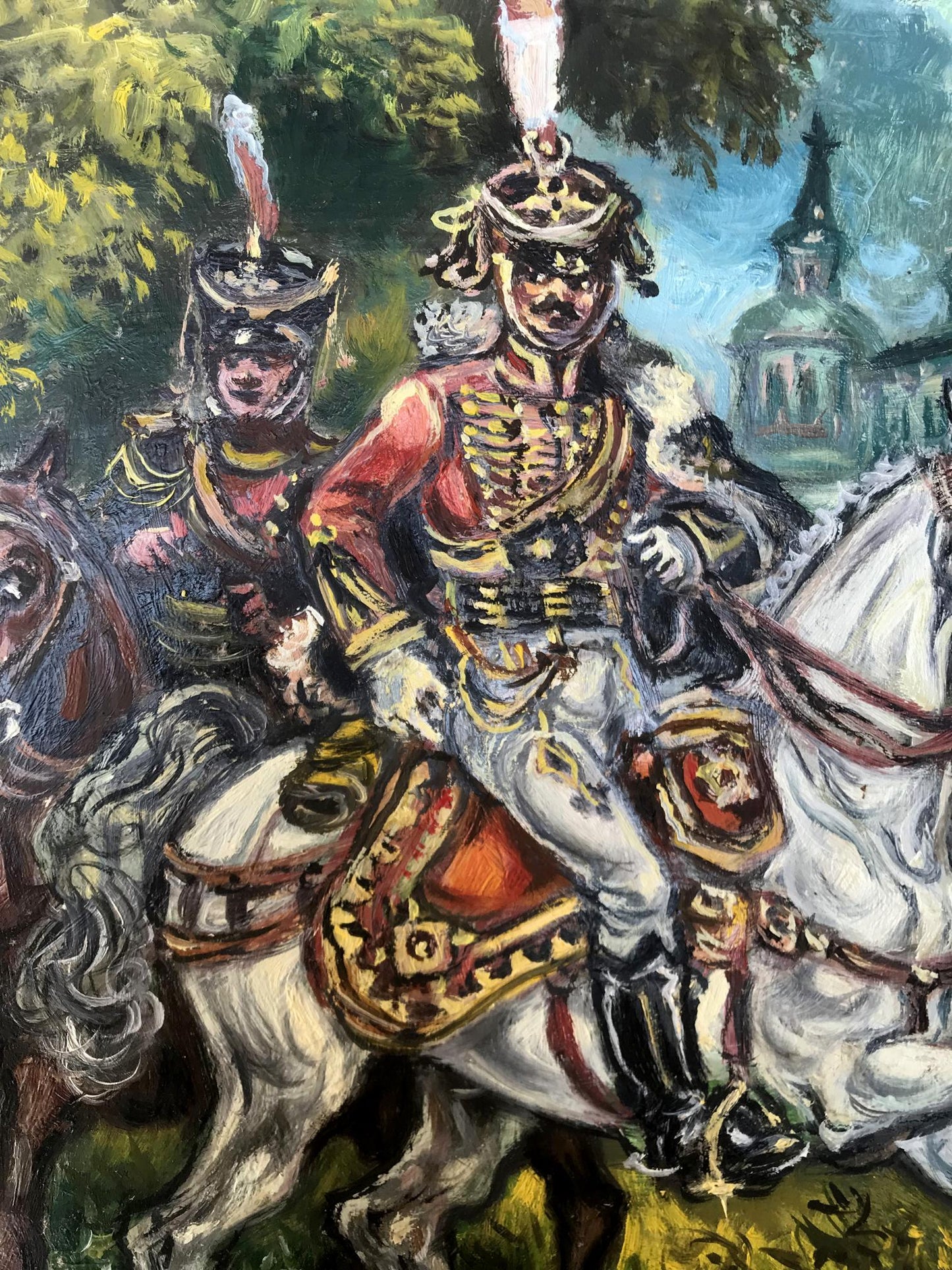 Oil painting portrait of Alexander Arkadievich Litvinov, mounted officer on white horse