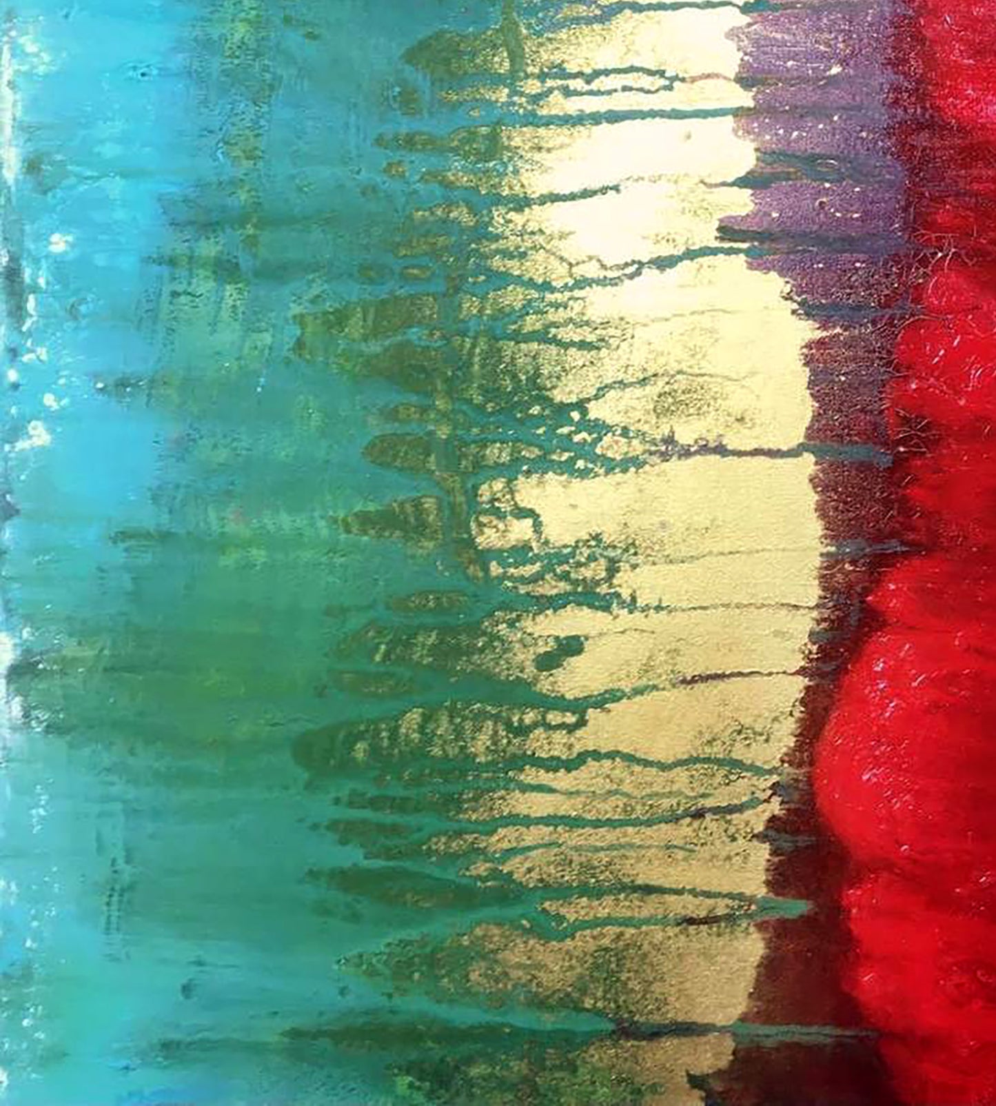 Acrylic painting Excitation by Melezhik Olga with teal, gold, red stripes