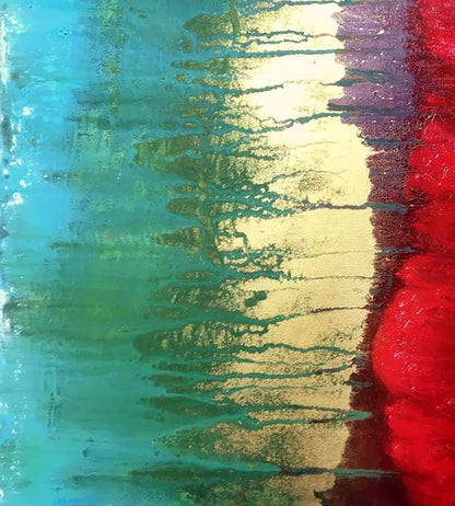 Acrylic painting Excitation by Melezhik Olga with teal, gold, red stripes