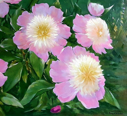 Pink peonies with creamy white centers by Korkishko Vasily oil painting