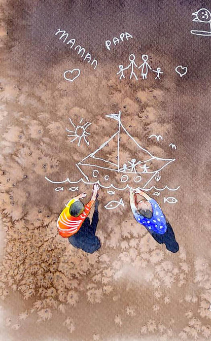 Watercolor painting Carefree by Elena Klimenko: kids pull sailboat chalk art