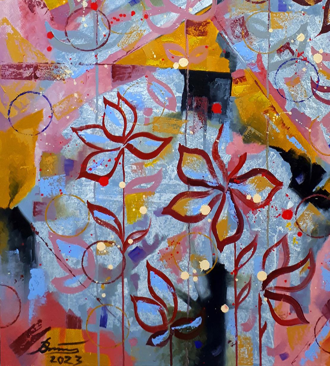 Vibrant oil painting in flowers by Sergey Voichenko with red blue flowers