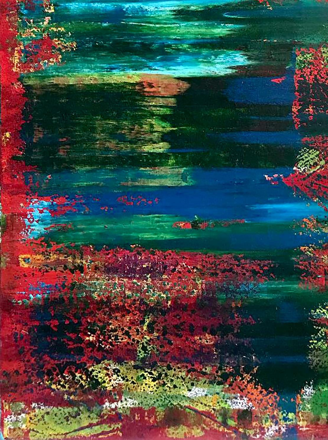 Vibrant Autumn Speed acrylic painting by Melezhik Olga with teal, blue, red strokes