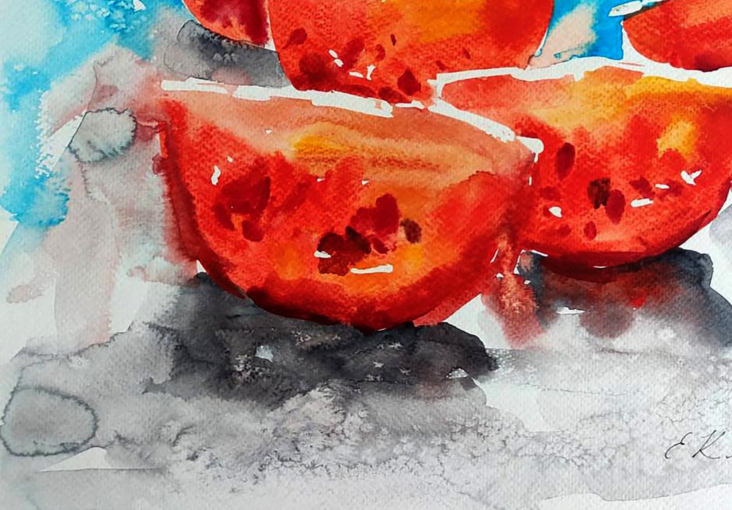 Vibrant red watercolor watermelon slices by Elena Klimenko on textured paper