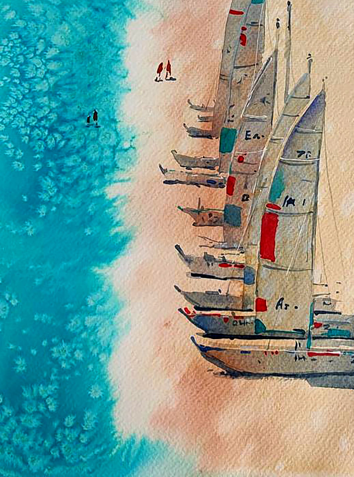 Watercolor painting of Sunny Beach sailboats by Elena Klimenko
