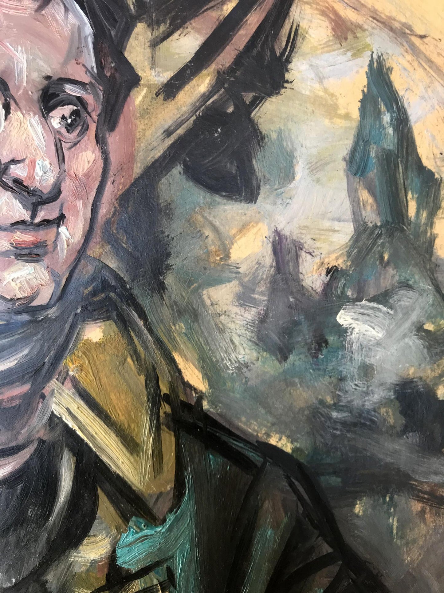 Abstract expressionist oil portrait of soldier in overcoat by Alexander Litvinov