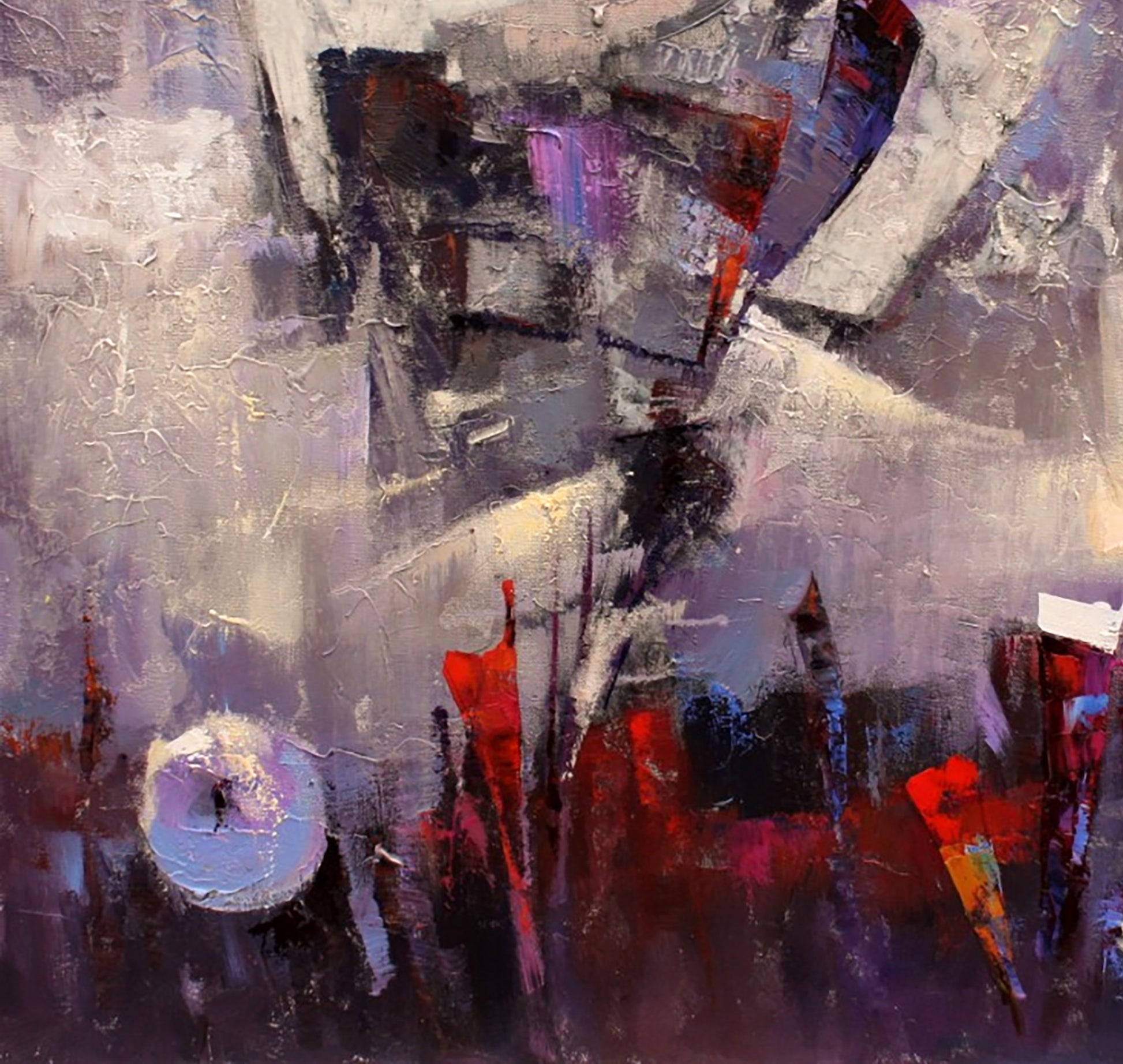 Oil painting Dawn by Valentina Alekseevna Kozyar, abstract impasto in grays, purples, reds