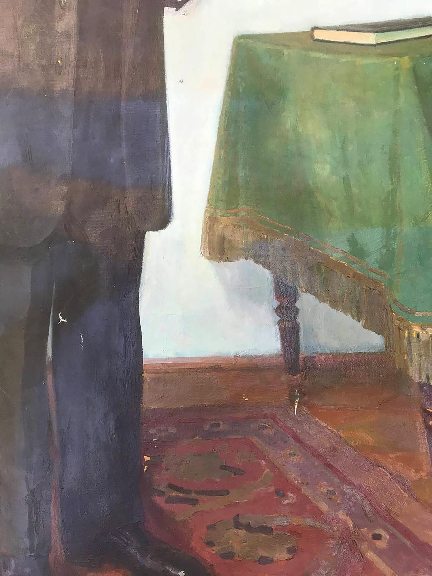 Oil painting of Karl Marx by Bilan Petr Ilyich on green tablecloth with gold fringe