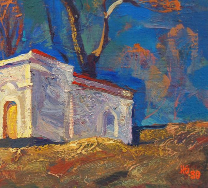 Oil painting by Egor Shvachunov: white building with red roof on blue sky