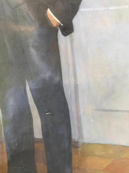 Dark textured trousers with sheen and stitching in Lenin oil portrait style