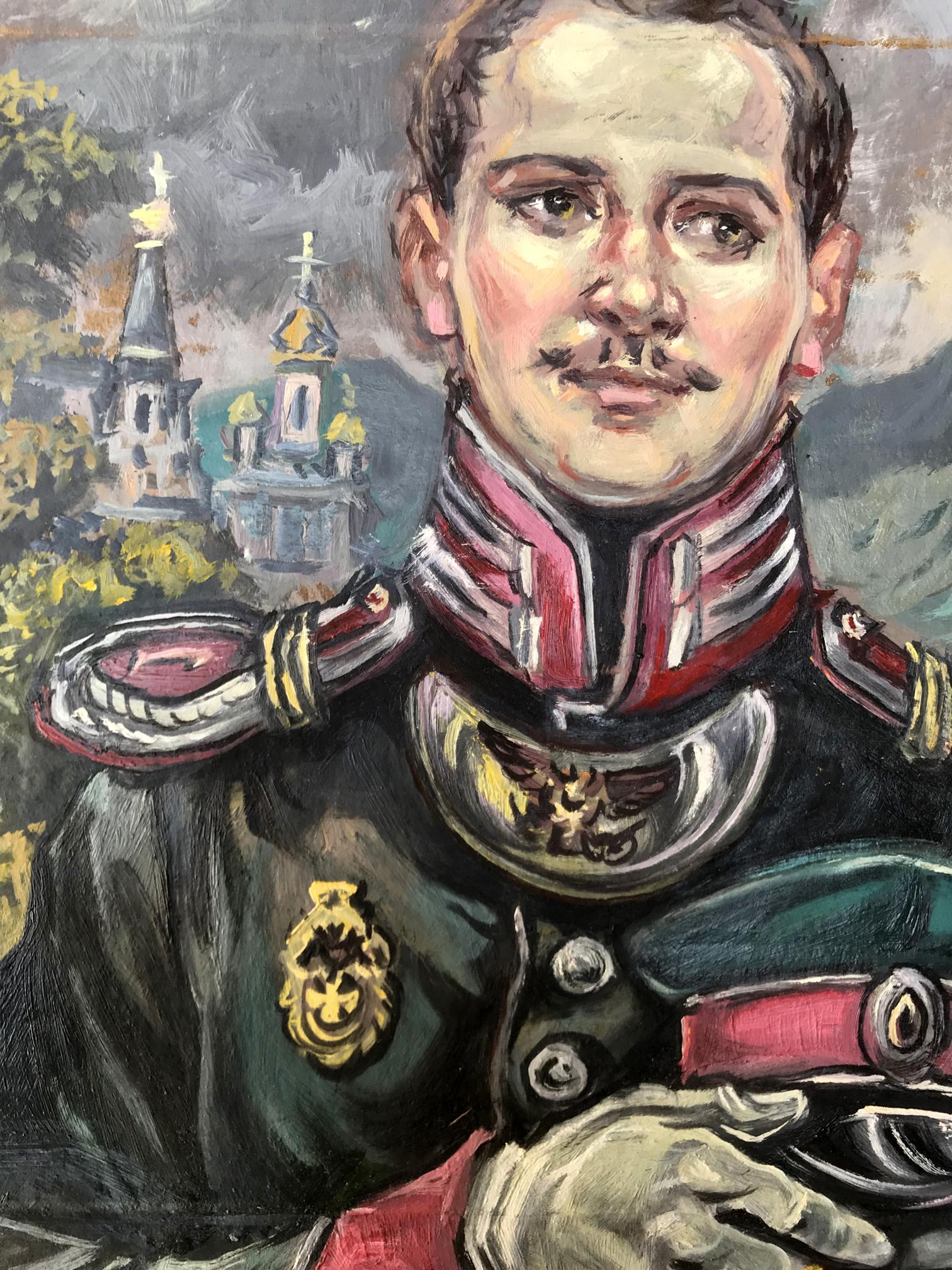 Oil painting of pensive officer Alexander Litvinov in ornate uniform