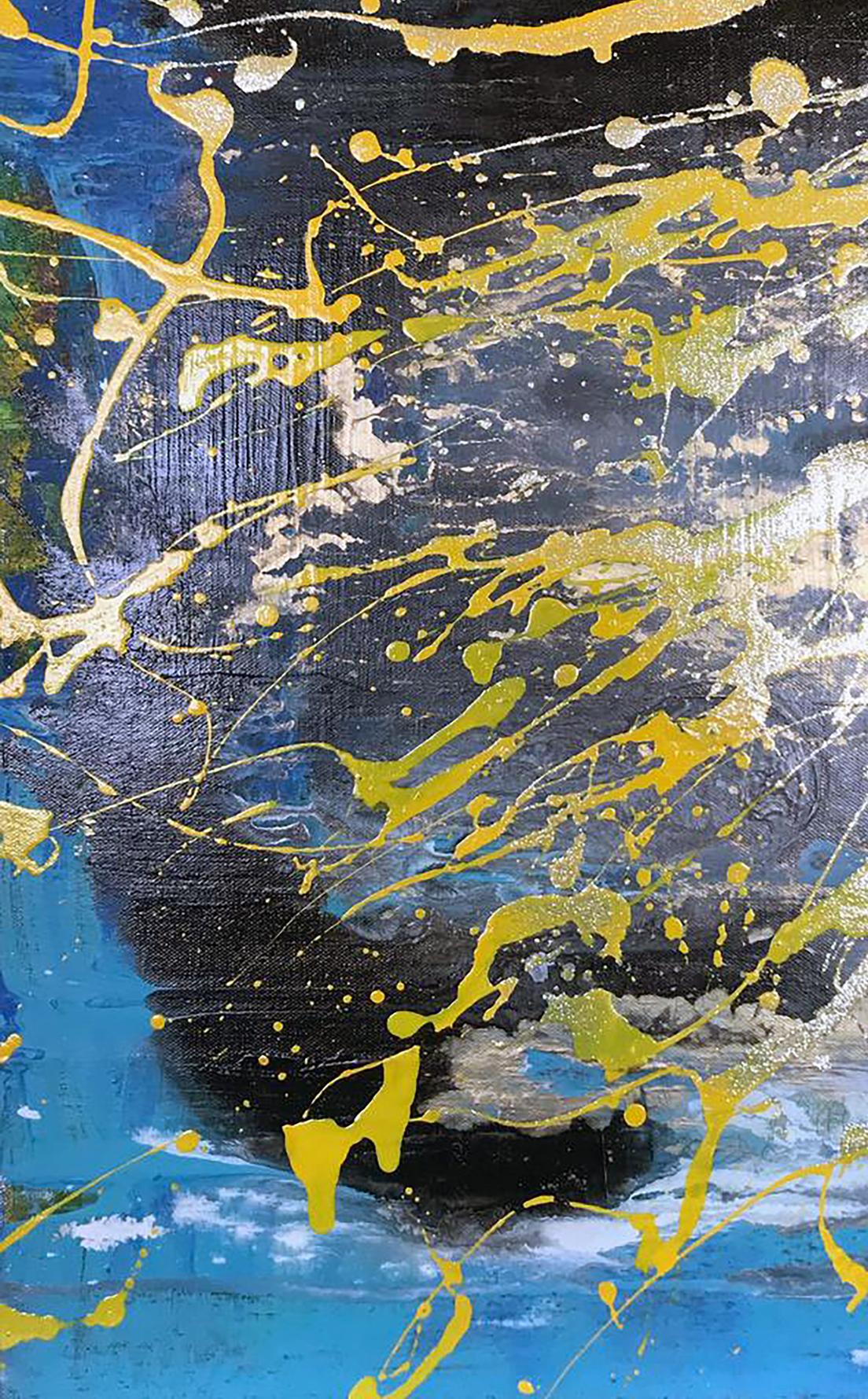 Abstract Shine by Melezhik Olga: yellow blue splashes on dark textured canvas