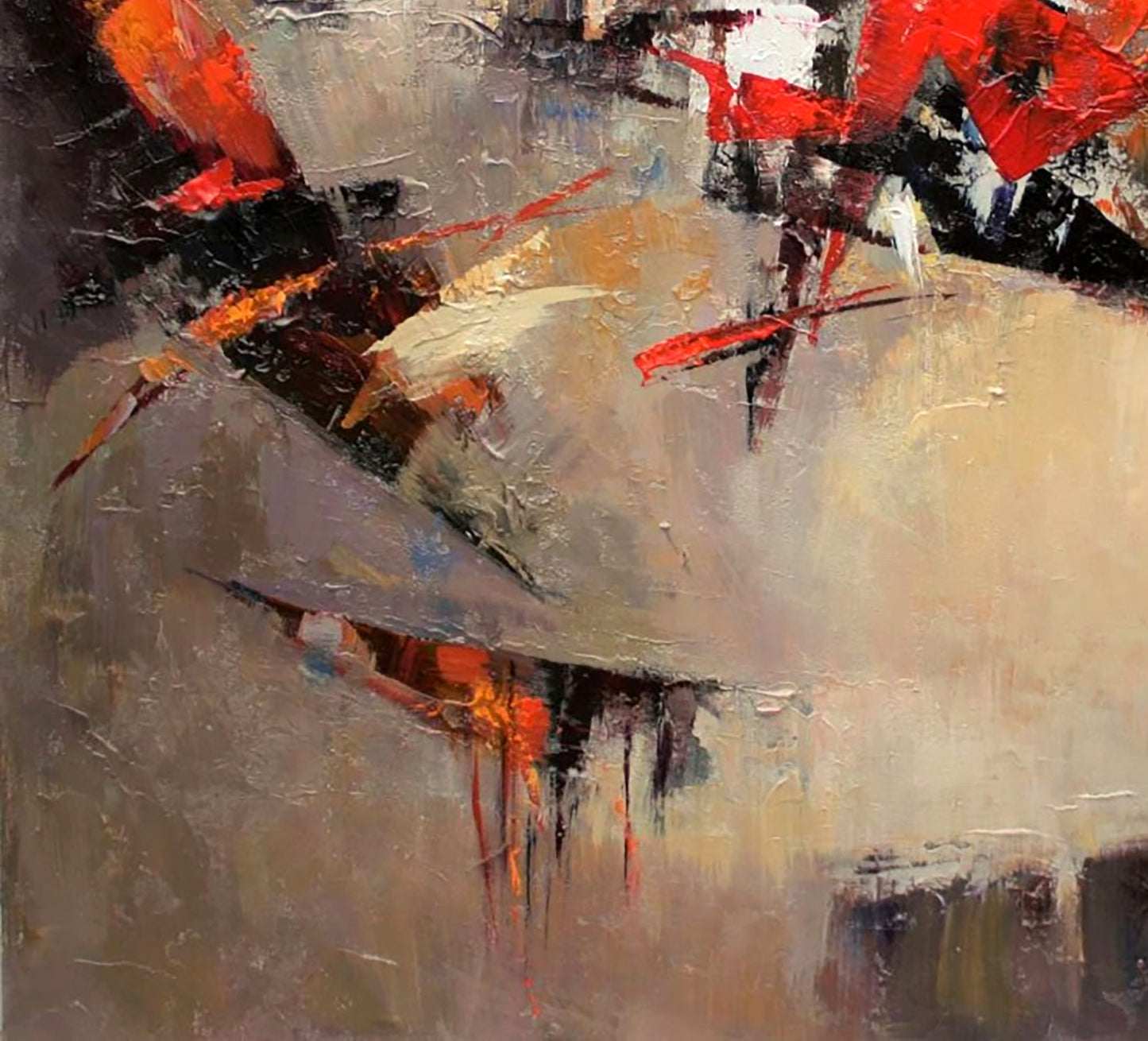 Oil painting New Arena by Valentina Alekseevna Kozyar, bold red black beige strokes