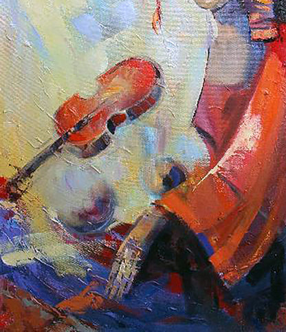 Vibrant oil painting of red violin by Kirilenko Ivan with bold textured strokes