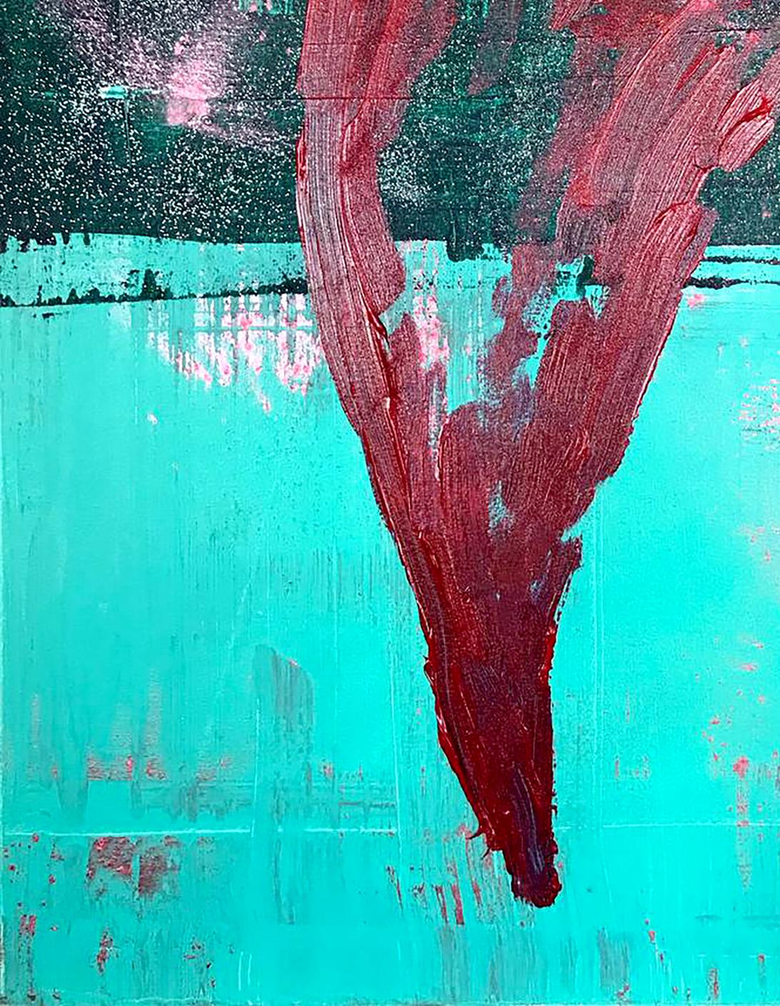 Bold red streak abstract acrylic painting Pepper Melezhik Olga on turquoise background