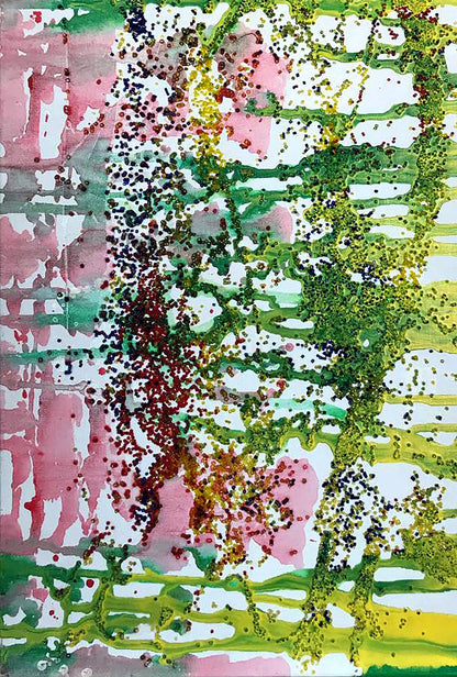 Acrylic painting Morning sun by Melezhik Olga with pink green yellow splatters glitter