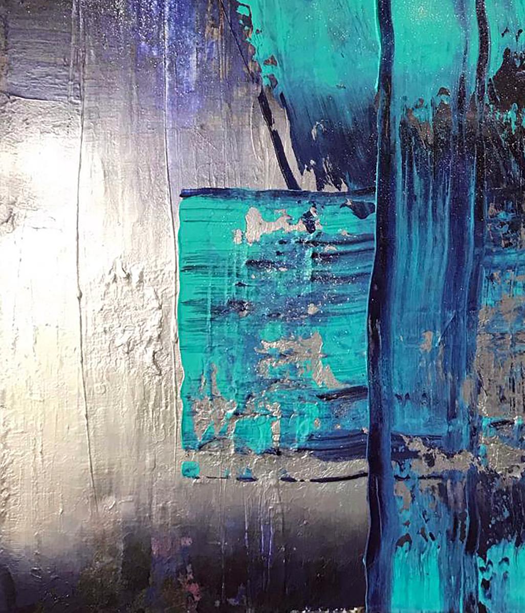 Equilibrium acrylic painting by Melezhik Olga, teal silver blue textured canvas