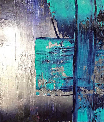 Equilibrium acrylic painting by Melezhik Olga, teal silver blue textured canvas