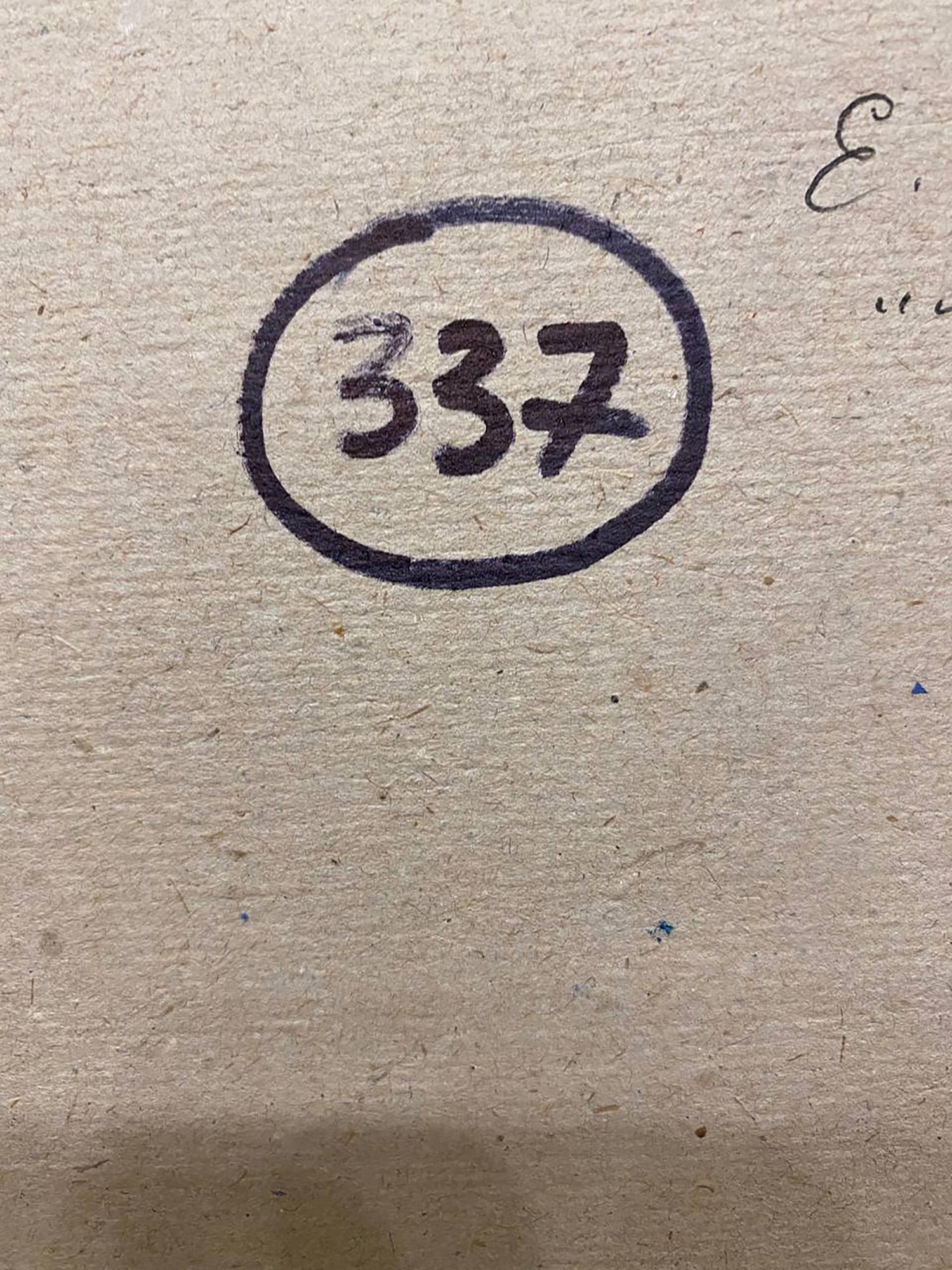 Black circular marker 337 on textured beige paper, Tkachenko oil painting back