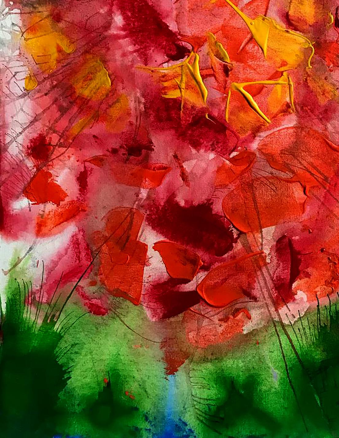 Vibrant abstract watercolor Secret Scent by Melezhik Olga in bold reds oranges greens