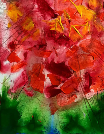 Vibrant abstract watercolor Secret Scent by Melezhik Olga in bold reds oranges greens
