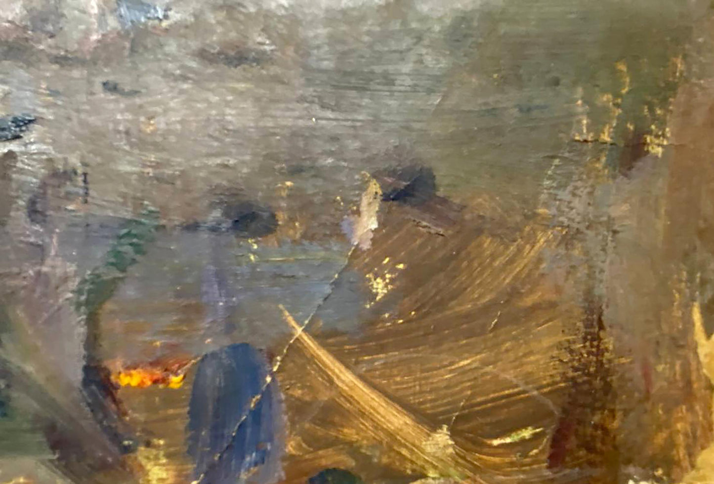 Abstract oil painting Kolkhoz women by unknown artist in earthy tones